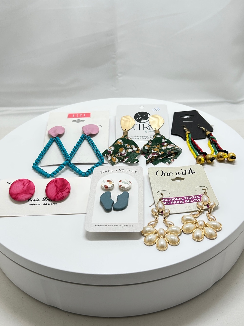 6 Pairs Earrings , All NOC, Gold, Fabric, Pearl, Beaded, Studs, Wires